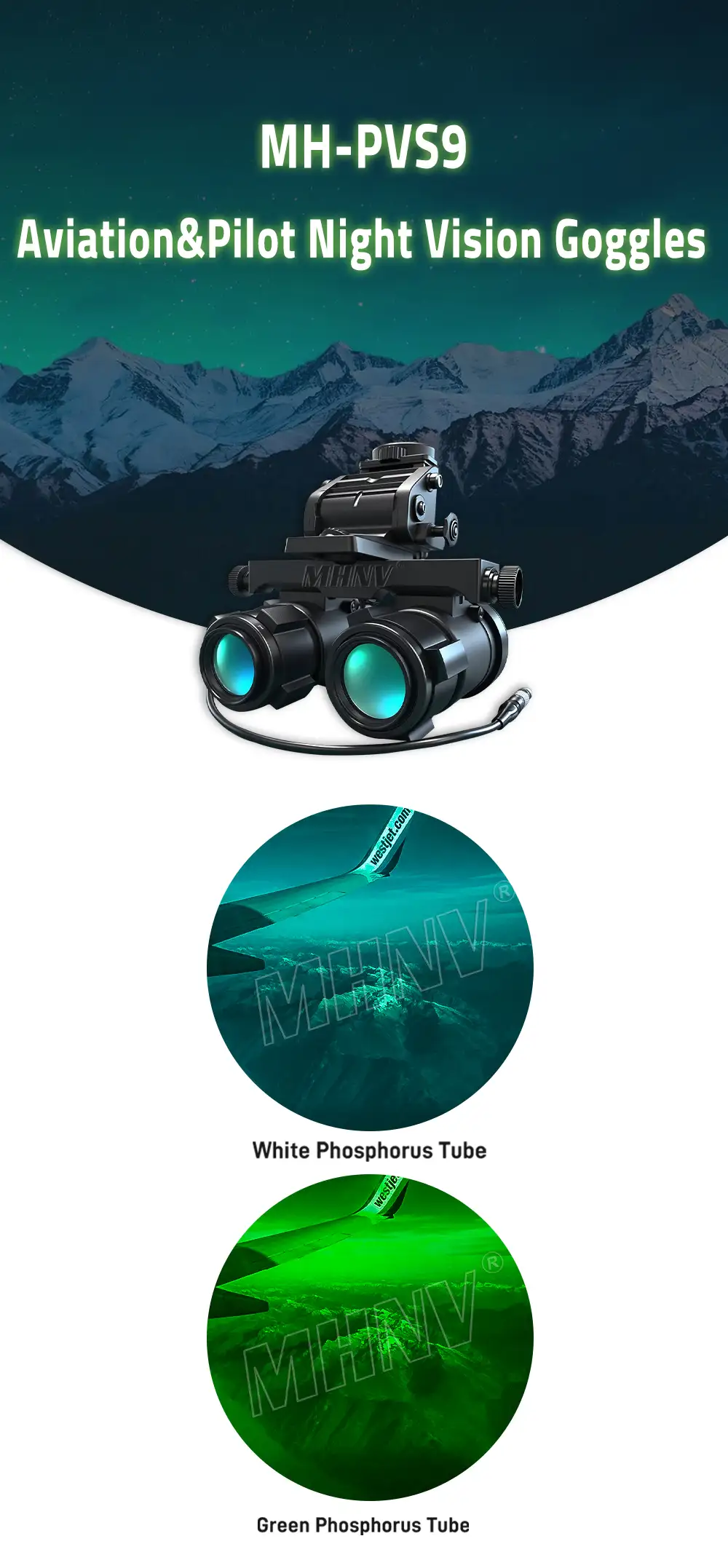 MHNV® PVS9 Night Vision Goggles for Pilots High Quality Optics Clear Low Light Imaging 25mm Adjustable Eye Relief